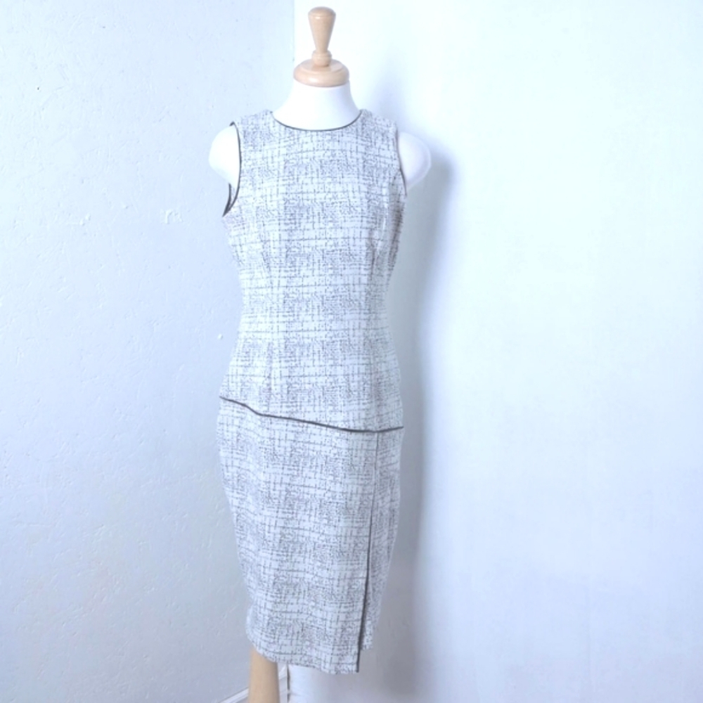 DKNY | Off white and black speckled pattern sleevless office dress